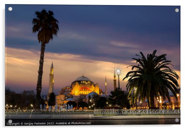 Hagia Sophia in Istanbul, sunset time. Turkey. Acrylic by Sergey Fedoskin