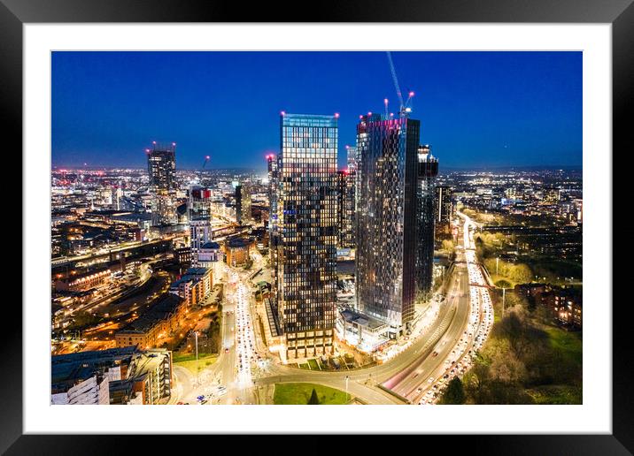 Manchester Skyline at Night Framed Mounted Print by Apollo Aerial Photography