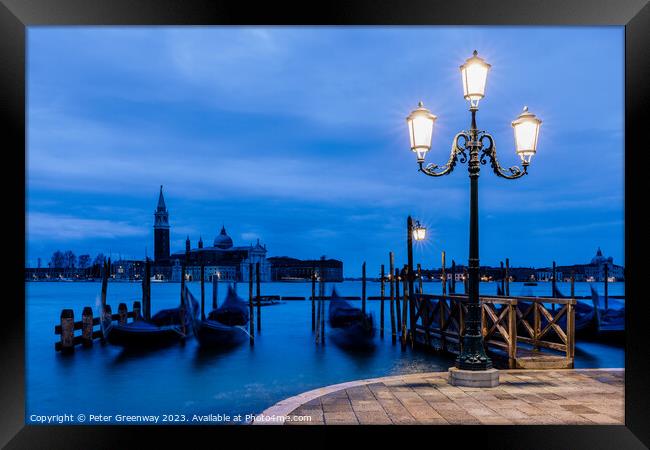 Moored Gondolas Off St Marks Square, Venice Before Dawn Framed Print by Peter Greenway
