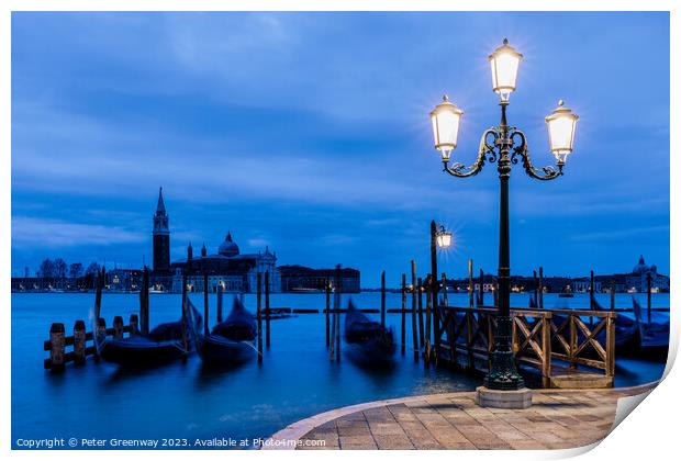 Moored Gondolas Off St Marks Square, Venice Before Dawn Print by Peter Greenway
