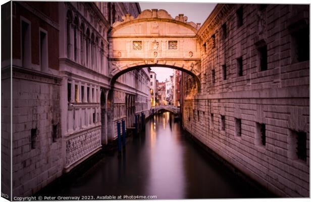 The Bridge Of Sighs In Venice At Sunset Canvas Print by Peter Greenway