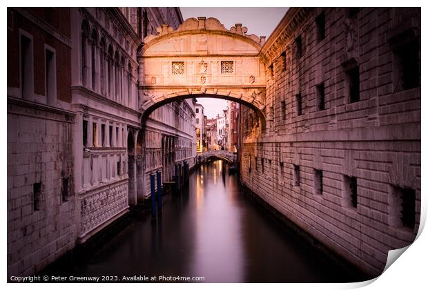The Bridge Of Sighs In Venice At Sunset Print by Peter Greenway