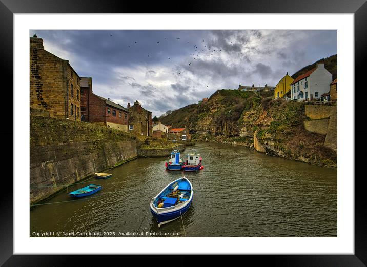 Seagulls Soar Over Stormy Staithes Framed Mounted Print by Janet Carmichael