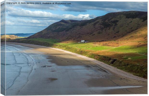 Looking down on Rhossili Bay and the Downs behind. Canvas Print by Nick Jenkins