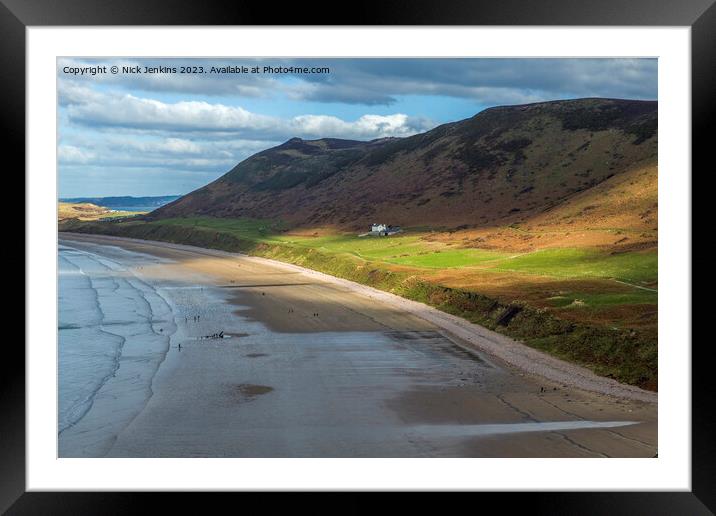 Looking down on Rhossili Bay and the Downs behind. Framed Mounted Print by Nick Jenkins