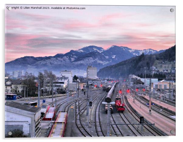 Sunrise over Feldkirch Station Austria.  Acrylic by Lilian Marshall