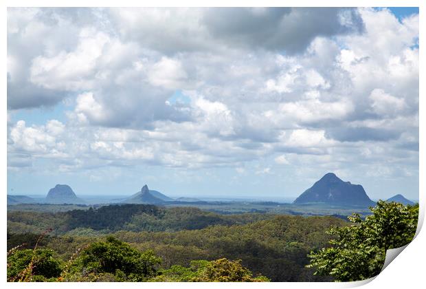 Glass House Mountains seen from Maleny Print by Antonio Ribeiro