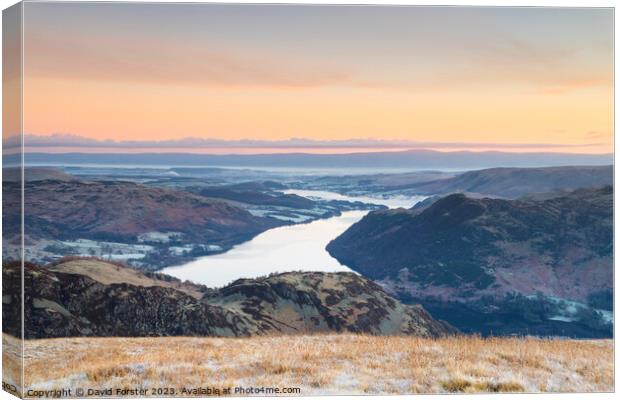 Ullswater and the North Pennines from Birkhouse Moor, Lake District, Cumbria, UK Canvas Print by David Forster