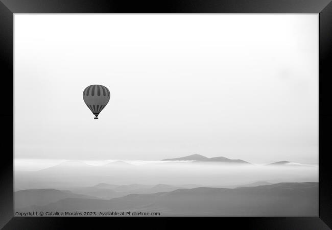 Hot air balloon in Black and White Framed Print by Catalina Morales