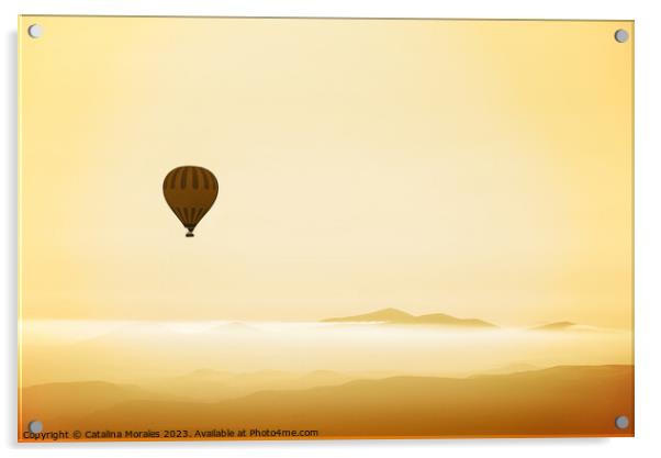 Hot air balloon over mountains in dawn mist Acrylic by Catalina Morales