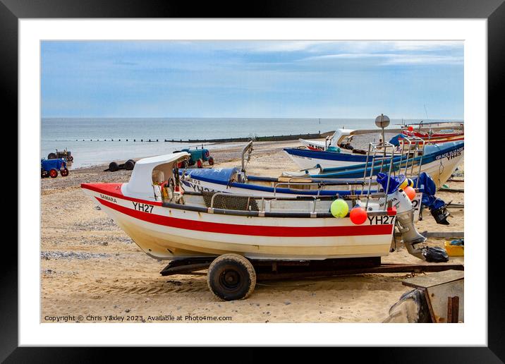 Crab fishing boats on Cromer beach Framed Mounted Print by Chris Yaxley