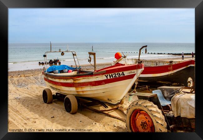 Crab fishing boats on Cromer beach Framed Print by Chris Yaxley