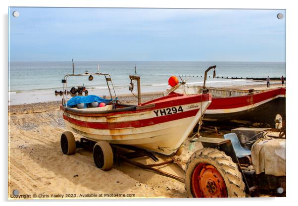 Crab fishing boats on Cromer beach Acrylic by Chris Yaxley
