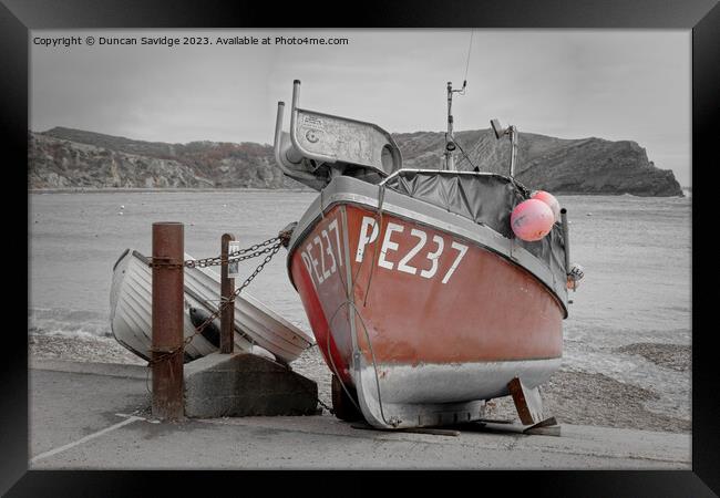 Fishing boat at Lulworth Cove colout splash Framed Print by Duncan Savidge