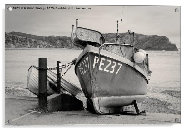 Fishing Boat at Lulworth Cove black and white Acrylic by Duncan Savidge
