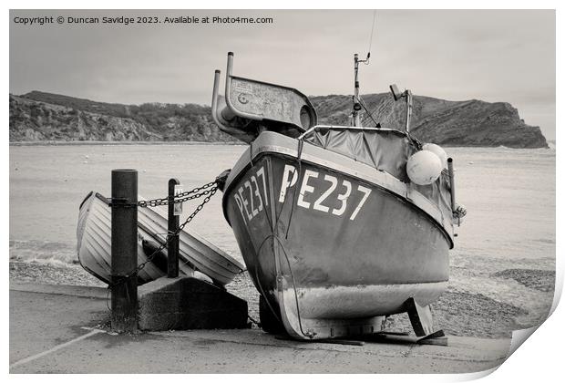 Fishing Boat at Lulworth Cove black and white Print by Duncan Savidge