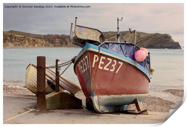 Fishing boat at Lulworth Cove Print by Duncan Savidge