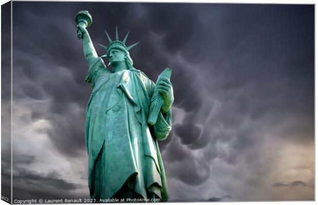 Statue of Liberty in a stormy background Canvas Print by Laurent Renault