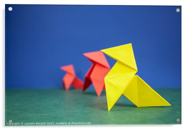Paper hen origami over green and blue background Acrylic by Laurent Renault