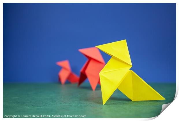 Paper hen origami over green and blue background Print by Laurent Renault