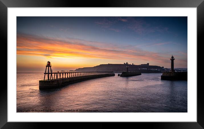 Winter Sunrise Over Whitby Piers Framed Mounted Print by Richard Burdon