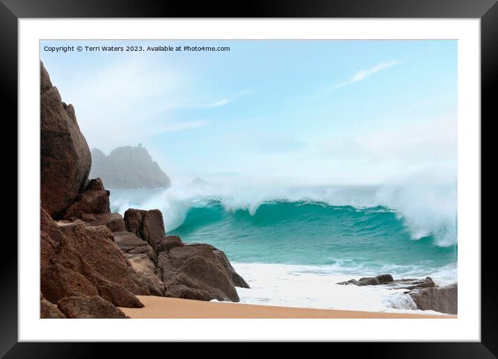 Porthcurno Wave Framed Mounted Print by Terri Waters