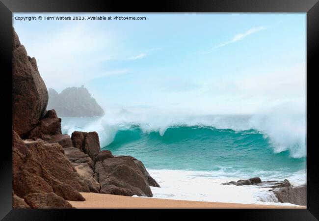 Porthcurno Wave Framed Print by Terri Waters