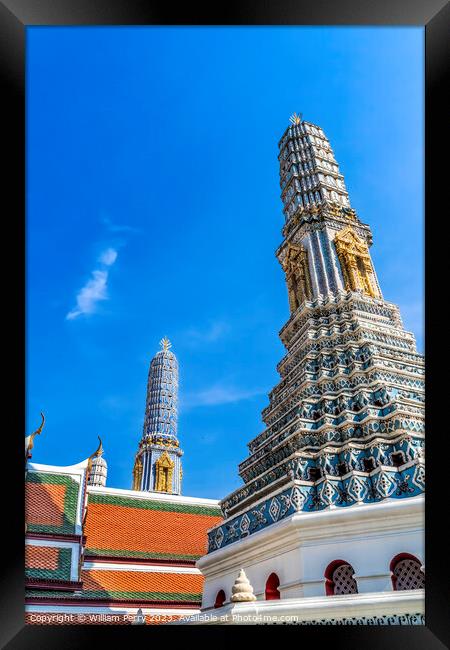 Blue Porcelain Pagoda Towers Grand Palace Bangkok Thailand Framed Print by William Perry