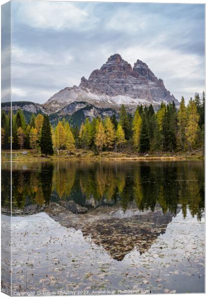 Tre Cime di Lavaredo peaks and Lake Antorno with sky reflection  Canvas Print by Lubos Chlubny