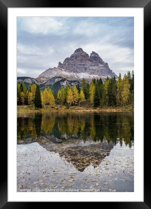 Tre Cime di Lavaredo peaks and Lake Antorno with sky reflection  Framed Mounted Print by Lubos Chlubny