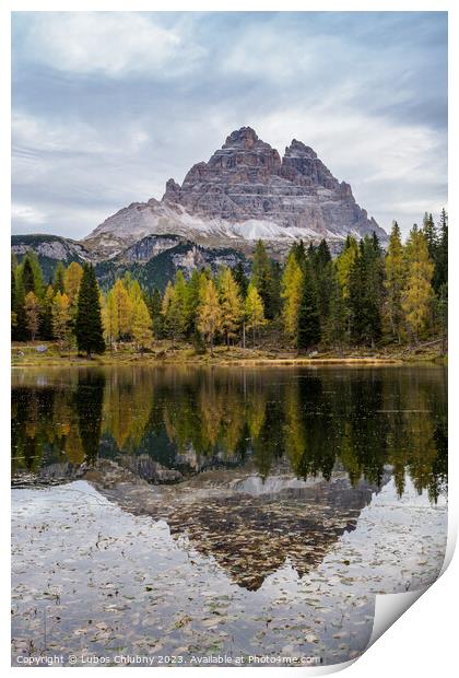 Tre Cime di Lavaredo peaks and Lake Antorno with sky reflection  Print by Lubos Chlubny