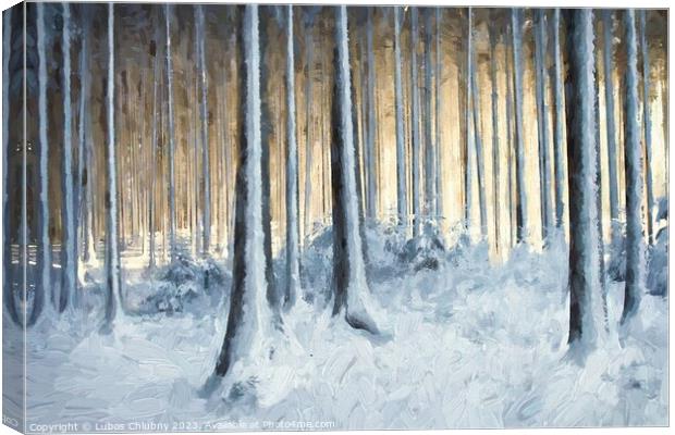 Oil painting snowy trees in the winter forest Canvas Print by Lubos Chlubny