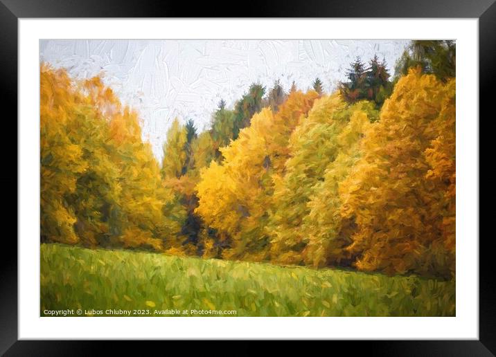 Oil painting autumn landscape with autumn leaves in forest. Framed Mounted Print by Lubos Chlubny