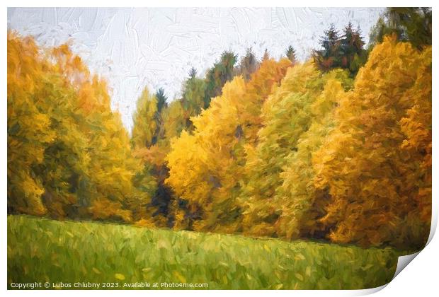 Oil painting autumn landscape with autumn leaves in forest. Print by Lubos Chlubny