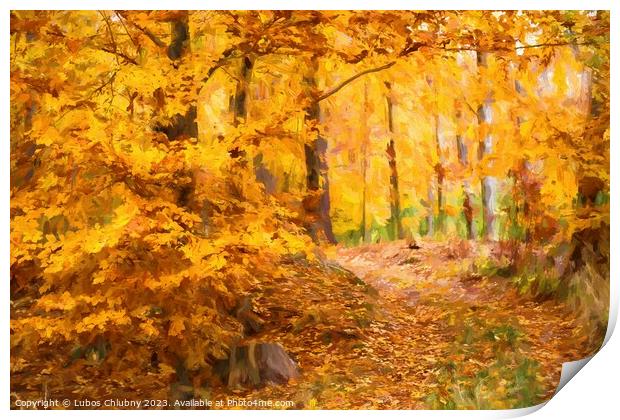 Oil painting autumn landscape with autumn leaves in forest. Print by Lubos Chlubny