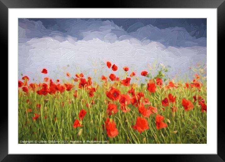 Oil painting summer landscape - field of poppies. Original oil painting on canvas. Framed Mounted Print by Lubos Chlubny