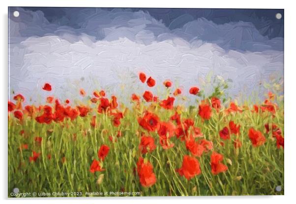 Oil painting summer landscape - field of poppies. Original oil painting on canvas. Acrylic by Lubos Chlubny