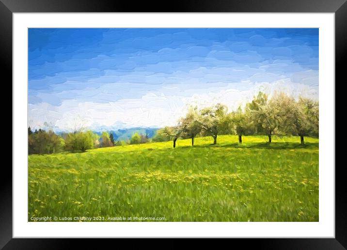 Oil painting spring landscape - green meadow and fruit trees. Original oil painting on canvas. Framed Mounted Print by Lubos Chlubny