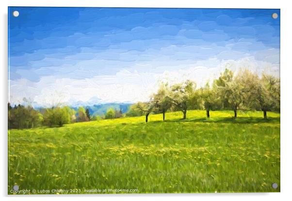 Oil painting spring landscape - green meadow and fruit trees. Original oil painting on canvas. Acrylic by Lubos Chlubny