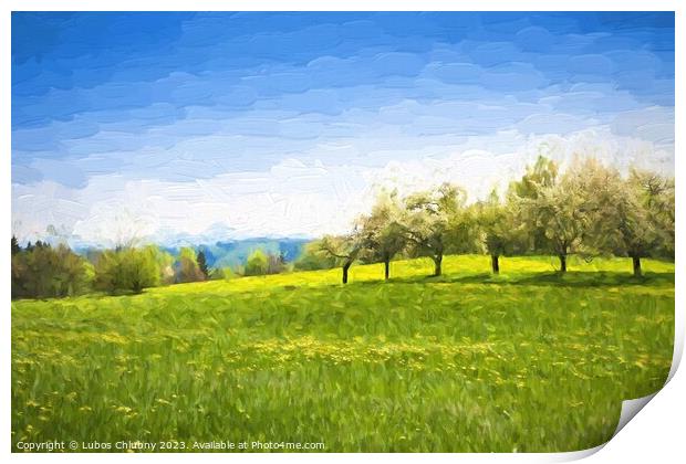 Oil painting spring landscape - green meadow and fruit trees. Original oil painting on canvas. Print by Lubos Chlubny