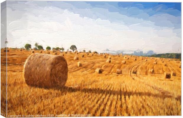 Oil painting summer landscape - hay bales on the field after harvest.  Canvas Print by Lubos Chlubny