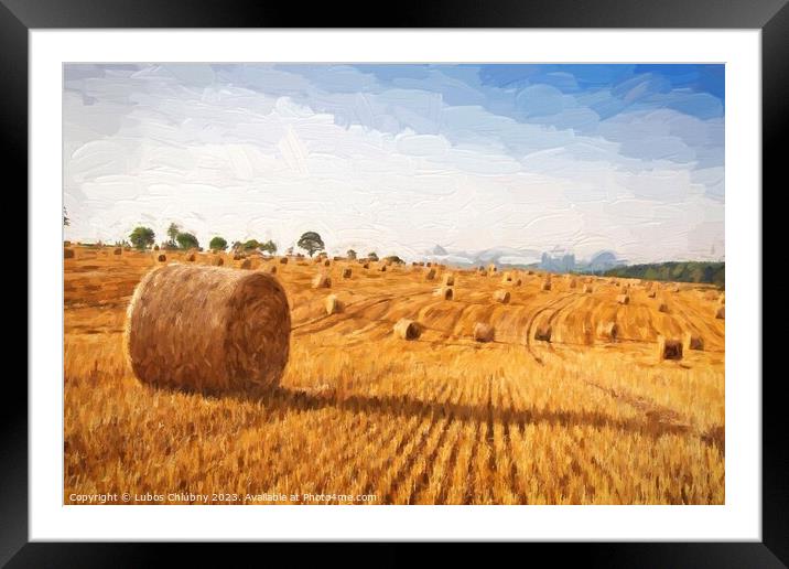 Oil painting summer landscape - hay bales on the field after harvest.  Framed Mounted Print by Lubos Chlubny