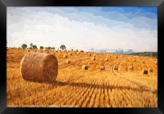 Oil painting summer landscape - hay bales on the field after harvest.  Framed Print by Lubos Chlubny
