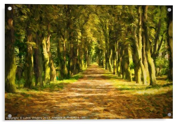 Oil painting pathway through the autumn forest.  Acrylic by Lubos Chlubny