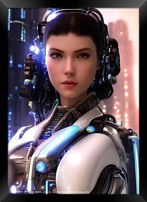 Cyborg woman, futuristic soldier in a cyberpunk su Framed Print by Luigi Petro