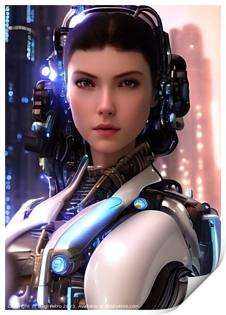 Cyborg woman, futuristic soldier in a cyberpunk su Print by Luigi Petro