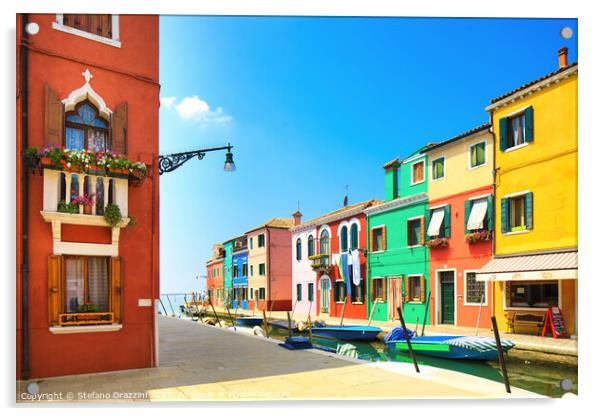 Burano island canal, colourful houses and boats. Acrylic by Stefano Orazzini