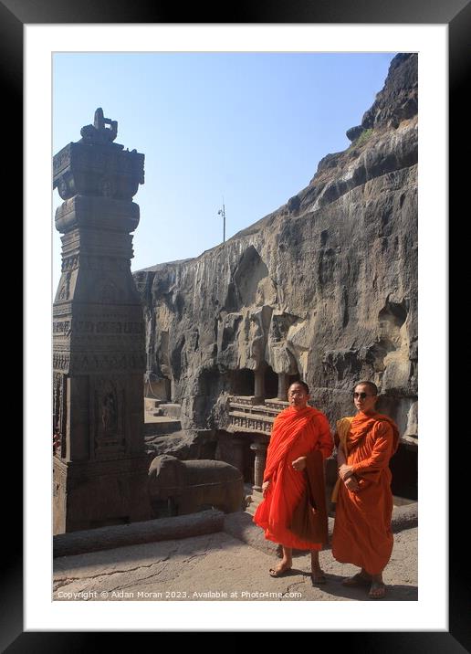 Monks Pose for a Picture at the Ellora Caves Framed Mounted Print by Aidan Moran