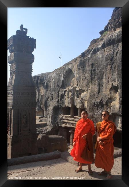 Monks Pose for a Picture at the Ellora Caves Framed Print by Aidan Moran