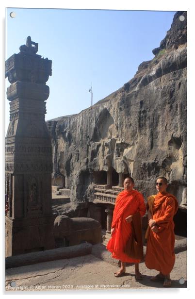 Monks Pose for a Picture at the Ellora Caves Acrylic by Aidan Moran